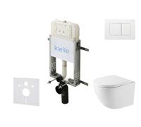 kielle Genesis New - Set bâti support, WC compact Oudee, Vortex Rimless+, siège à fermeture progressive et bouton-poussoir Gemini New III, blanc brillant 30528SZ43
