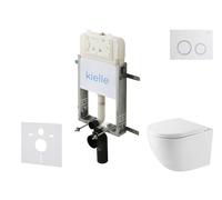 kielle Genesis New - Set bâti-support, WC compact Oudee, Vortex Rimless+, siège à fermeture progressive et bouton-poussoir Gemini New II, blanc brillant/chrome 30528SZ40