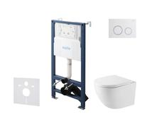kielle Genesis New - Set bâti-support, WC compact Oudee, Vortex Rimless+, siège à fermeture progressive et bouton-poussoir Gemini New II, blanc brillant/chrome 30528SS40