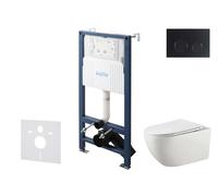 kielle Genesis New - Set bâti-support, WC Gaia, sans rebord, abattant softclose et bouton-poussoir Gemini New II, noir mat 30528SS15