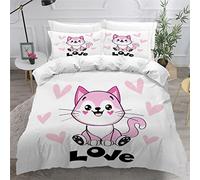 KIILA Housse de Couette 220x240 Enfant Chat 3D Imprimé Fille Parure de lit 2 Personnes Kawaii 3 Pièces Confortable Doux Microfibre avec Fermeture Éclair Literie et 2 Taie d'oreiller