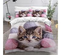 KIILA Housse de Couette 220x240 Enfant Chat 3D Imprimé Fille Parure de lit 2 Personnes Mignon 3 Pièces Confortable Doux Microfibre avec Fermeture Éclair Literie et 2 Taie d'oreiller