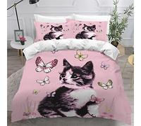 KIILA Housse de Couette 220x240 Enfant Chat 3D Imprimé Fille Parure de lit 2 Personnes Papillon 3 Pièces Confortable Doux Microfibre avec Fermeture Éclair Literie et 2 Taie d'oreiller