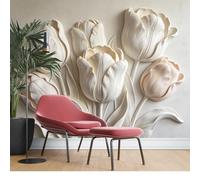 KIJSKKOPO Papier Peint Mural En Soie À Motif Tulipe En Relief 3D, Grand Format, Blanc, Imprimé Floral En Relief, Décoration Murale pour Salon Et Chambre, Style Moderne Et Luxueux, En Tissu Soie,
