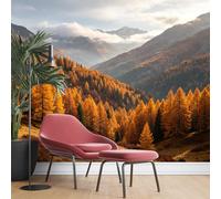KIJSKKOPO Papier Peint Mural En Soie, Motif Forêt Alpine D'Automne, 70 X 100 cm, Imprimé Mélèze Doré, Paysage de Montagne Et Vallée, Décoration Murale pour Salon, Chambre, Salle À Manger, S