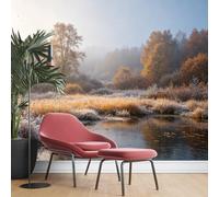 KIJSKKOPO Papier Peint Mural Paysage D'Automne 70X100cm, Prairie Givrée, Arbres Dorés Et Étang Brumeux, Imprimé En Soie, pour La Décoration Du Salon Et De La Chambre. Papier Peint En Tissu De S