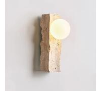Kikioo Applique murale en travertin jaune, style wabi-sabi, avec abat-jour sphérique blanc et pierre de travertin. Applique murale moderne en pierre naturelle pour chambre, salon ou cuisine.