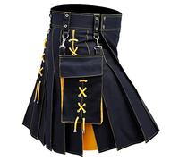 Kilt utilitaire pour homme - Uni - Tartan - Jupes utilitaires - Steampunk - Vêtements gothiques écossais - Vêtements de mariage - Kilt en cuir avec sangles en cuir, Jaune A1, XL