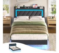 KIMENICH Cadre de Lit 140x200,Lit Flottant avec Multiprise et Éclairage LED,Lit 2 Personnes avec Tête de Lits Rangement,Lits 2 Places avec Sommier Métal,Lit 140 x 200 avec Sommier,Gris