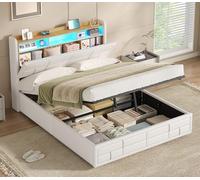 KIMENICH Lit Coffre 140x200 à LED avec Multiprise, Lit 140x200 avec Sommier à Lattes en Bois avec 2 Étagères Ouvertes, Compartiment Caché dans la Tête de Lits, Lits 2 Personnes Capitonnée en PU Blanc