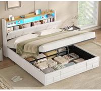 KIMENICH Lit Coffre 160x200 à LED avec Multiprise, Lit 160x200 avec Sommier à Lattes en Bois avec 2 Étagères Ouvertes, Compartiment Caché dans la Tête de Lits, Lits 2 Personnes Capitonnée en PU Blanc