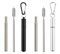 KIMHOME - Lot de 2 pailles télescopiques en acier inoxydable argenté, acier 18/10, réglables jusqu'à 23 cm, avec brosses de nettoyage et porte-clés, pour la maison, les voyages et les activités de ple