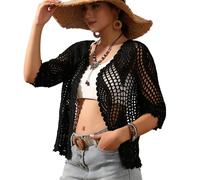 Kimono de plage long en dentelle florale avec crochet pour femme, avec demi-manches - Cache-maillot de bain SMDPPWDBB, Noir-a, Taille Unique