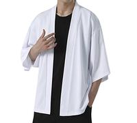 Kimono Homme Japonais 2026, Veste Kimono Homme Japonais Style Manches 3/4 Ouvert Cardigan Grande Taille Confortable Printemps Été Traditionnelle Japonaise Gilet Chemise de Plage Courte, Blanc