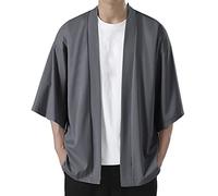 Kimono Japonais 2026, Veste Kimono Homme Japonais Style Manches 3/4 Ouvert Cardigan Grande Taille Confortable Printemps Été Traditionnelle Japonaise Gilet Chemise de Plage Courte, Gris
