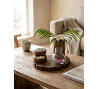 Kinaree Photophore en bois de racine avec vase - Teck - 3 bougies - 14 x 25 | Plateau rond en teck avec dôme en verre, bougeoir rotatif et vase, trois bougies chauffe-plat incluses