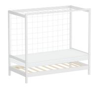 ML-Design Lit Enfant But de Football Handball 80x160 cm avec Matelas, Blanc, en Bois Massif, Sommier à Lattes et Filet, Couchage au Sol pour Junior Fille Garçon Chambre à Coucher, Thème Sport