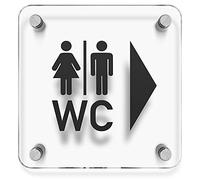 Kinekt3d Plaque murale pour WC avec pictogramme et flèche Blanc 150 x 150 mm Panneau en verre acrylique transparent de 3 mm. Inclus : 4 entretoises en acier inoxydable V2A pour le montage mural •