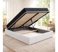 King of Dreams Ensemble Lit Coffre et Matelas 120x190 cm - Couleur : Blanc - Sommier Relevable avec Vérins Hydrauliques - Matelas Latex Accueil Moelleux Soutien Ferme - Lit Coffre Déhoussable