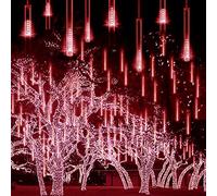 KINGCOO Solaires Pluie Météore Lumineux, Imperméable 30cm 10 Tubes 360LEDs Goutte D'eau Cascading Noël Guirlande Lumineuse pour Décoration Maison Jardin (Rouge)