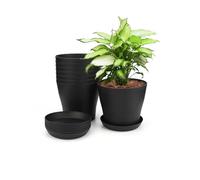 KINGLAKE 8 Pièces 14 CM Pots Plastique Plantes, Cache Pot Interieur Exterieur, Pot de Fleur avec Plateaux, Convient aux Semis, Cactus, Plantes Succulentes, Orchidées, Herbes -Noir