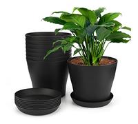 KINGLAKE 8 Pièces 17 CM Pots Plastique Plantes, Cache Pot Interieur Exterieur, Pot de Fleur avec Plateaux, Convient aux Semis, Cactus, Plantes Succulentes, Orchidées, Herbes -Noir