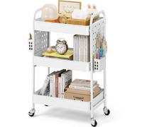 KINGRACK Chariot de Rangement à roulettes 3 Niveaux avec Panneau DIY - Chariot de Rangement Métal Multifonction avec Poignée, Paniers et Crochets - pour Salle de Bain, Cuisine, Bureau, Blanc