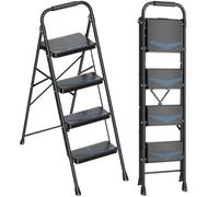 KINGRACK Échelle 4 marches, Larges marches antidérapantes et Main Courante | Capacité de 150 kg, escabeau pliable en acier, léger et portable, gain de place pour maison, cuisine, bureau, garage