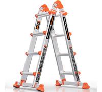 KINGRACK Échelle télescopique à 4 marches avec cadre en A, échelle multi-positions antidérapante de 4,2 m avec barre stabilisatrice, charge de sécurité de 150 kg, échelle télescopique en aluminium