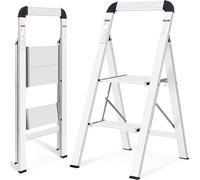 KINGRACK Escabeau 2 marches Aluminium, Pliant avec Main Courante, ménager antidérapant avec sécurité Pliante, en Aluminium, Charge maximale 150 kg, 3 marches argenté