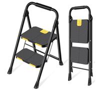 KINGRACK Escabeau 2 Marches avec Verrouillage de sécurité, Large Pédale Antidérapante, Escabeau Pliable avec Mains Courantes, Échelle Domestique pour Maison, Cuisine, Bureau, Léger Portable, Noir