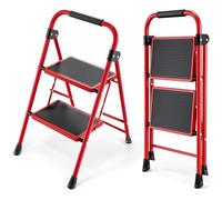 KINGRACK Escabeau 2 Marches, Escabeaux Pliant avec Marchepied Antidérapant et Large, Petit Echelle avec Poignée, Marchepied en Acier Robuste, Léger et Portable, Rouge