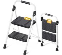 KINGRACK Escabeau 2 marches Pliable Charge maximale de 150kg Verrouillage de sécurité, pédales Larges accoudoirs escabeau escamotable légères pour la Maison, Cuisine, Placard et Bureau, Blanc