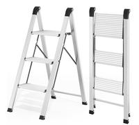 Kingrack escabeau 3 marches Aluminium antidérapant, 150kg Argent | Escabeau pliant aluminium marches antidérapantes, charge 150kg, argent noir pour maison cuisine bureau