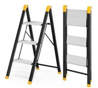 Kingrack escabeau 3 marches Aluminium antidérapant, 150kg Noir | Escabeau pliant aluminium marches antidérapantes, charge 150kg, argent noir pour maison cuisine bureau