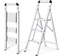 KINGRACK Escabeau, 3 marches, Escabeau Pliant avec Main Courante, Escabeau ménager antidérapant avec sécurité Pliante, Escabeau en Aluminium, Charge maximale 150 kg, 3 marches argenté