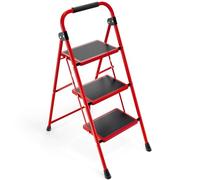 KINGRACK Escabeau 3 Marches, Escabeaux Pliant avec Marchepied Antidérapant et Large, Petit Echelle avec Poignée, Marchepied en Acier Robuste, Léger et Portable, Rouge