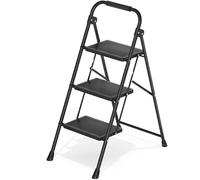 KINGRACK Escabeau 3 Marches, Escabeaux Pliant avec Marchepied Antidérapant et Large, Petit Echelle avec Poignée, Marchepied en Acier Robuste, Léger et Portable, Noir