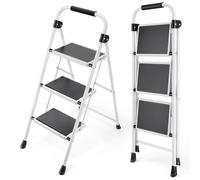 KINGRACK Escabeau 3 Marches, Escabeaux Pliant avec Marchepied Antidérapant et Large, Petit Marche Pied avec Poignée, Escabeaux en Acier Robuste, Léger et Portable, Blanc