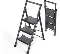 KINGRACK Escabeau 3 Marches Pliable avec Main Courante, Tabouret Marche Pied avec Large Antidérapante Pédale, Domestique Échelle Léger pour Maison, Cuisine, Garde-Manger (Noir, 3 Marches)