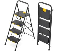 KINGRACK Escabeau 4 Marches avec Verrouillage de sécurité, Large Pédale Antidérapante, Marche Pied Pliable avec Mains Courantes, Échelle Domestique pour Maison, Cuisine, Bureau, Léger Portable, Noir