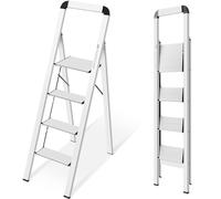 KINGRACK Escabeau 4 Marches Pliable en Aluminium Léger, Marche Pied Pliant avec Pédales Antidérapantes, Main Courante, Échelle pour Maison Cuisine Bureau, Gain de Place, Charge Maximale 150 kg Argenté