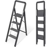 KINGRACK Escabeau 4 Marches Pliable en Aluminium Léger, Marche Pied Pliant avec Pédales Antidérapantes, Main Courante, Échelle pour Maison Cuisine Bureau, Gain de Place, Charge Maximale 150 kg, Noir