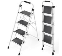 KINGRACK Escabeau 4 Marches Pliable, Escabeau Pliant avec Marchepied Antidérapant et Large, Mains Courantes, pour Adultes, Maison, Cuisine, Bureau, Escabot en Acier Robuste, Léger et Portable, Blanc