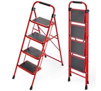 KINGRACK Escabeau 4 Marches Pliable, Escabeau Pliant avec Marchepied Antidérapant et Large, Mains Courantes, pour Adultes, Maison, Cuisine, Bureau, Escabot en Acier Robuste, Léger et Portable, Rouge