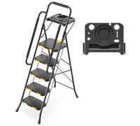 KINGRACK Escabeau 5 Marches avec Plateau à Outils et Large Pédale Antidérapante, Marche Pied Pliable avec Mains Courantes, Échelle Domestique pour Maison Cuisine Garde-Manger Placards et Bureau, Noir