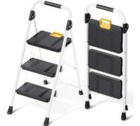 KINGRACK Escabeau Pliable 3 marches Charge maximale de 150kg Verrouillage de sécurité, pédales Larges accoudoirs escabeau escamotable légères pour la Maison, Cuisine, Placard et Bureau, Blanc