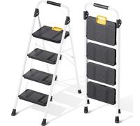 KINGRACK Escabeau Pliable 4 marches Charge maximale de 150kg Verrouillage de sécurité, pédales Larges accoudoirs escabeau escamotable légères pour la Maison, Cuisine, Placard et Bureau, Blanc
