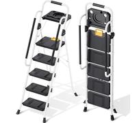 KINGRACK Escabeau Pliable 5 marches Charge maximale de 150kg Verrouillage de sécurité, pédales Larges accoudoirs escabeau escamotable légères pour la Maison, Cuisine, Placard et Bureau, Blanc