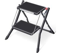 KINGRACK Escabeau Pliant, 2 marches, Pliable, échelle avec Tapis en Caoutchouc antidérapant, marchepied avec Bouton de déverrouillage, Acier léger, jusqu'à 150 kg,Noir